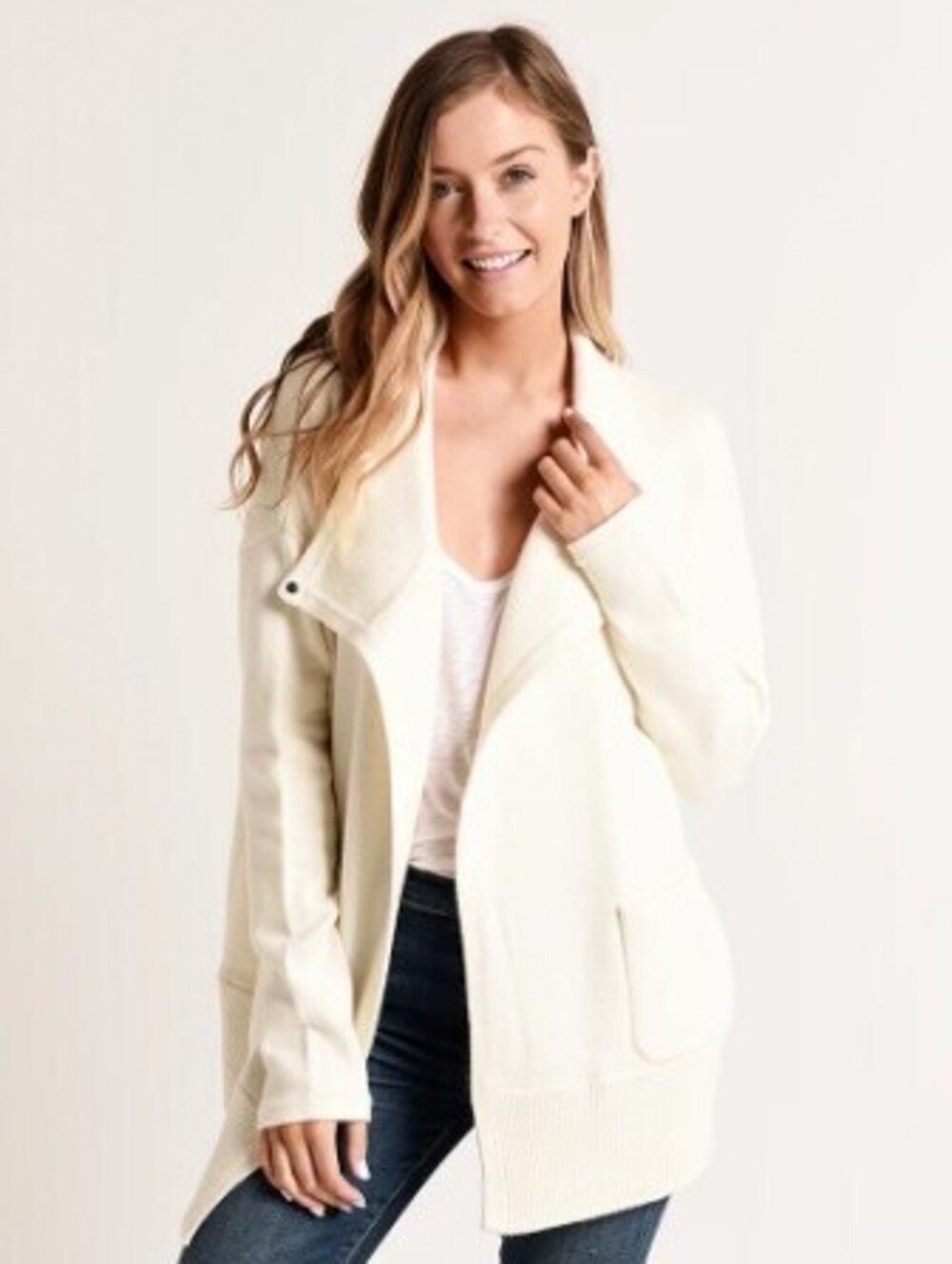 WHITE + WARREN Ivory Cozy Pocket Open Front Cardigan Sweater - Size - Large